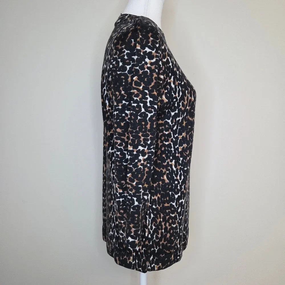 Talbots Womens Merino Wool Leopard Print Crew Neck Sweater Black Brown Large